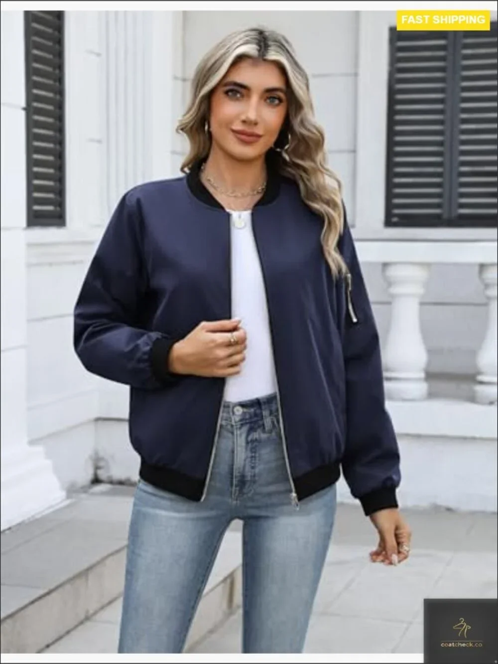 Casual Bomber Jacket Zip Up Lightweight Trendy Workwear Coat With Pockets